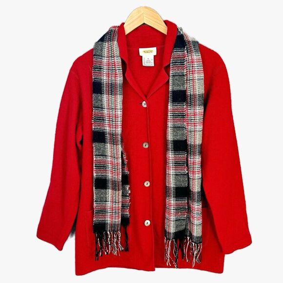 Talbots Red Boiled Wool Jacket Coat Sz Medium Lightweight 4 Button Pockets Scarf - Picture 1 of 16